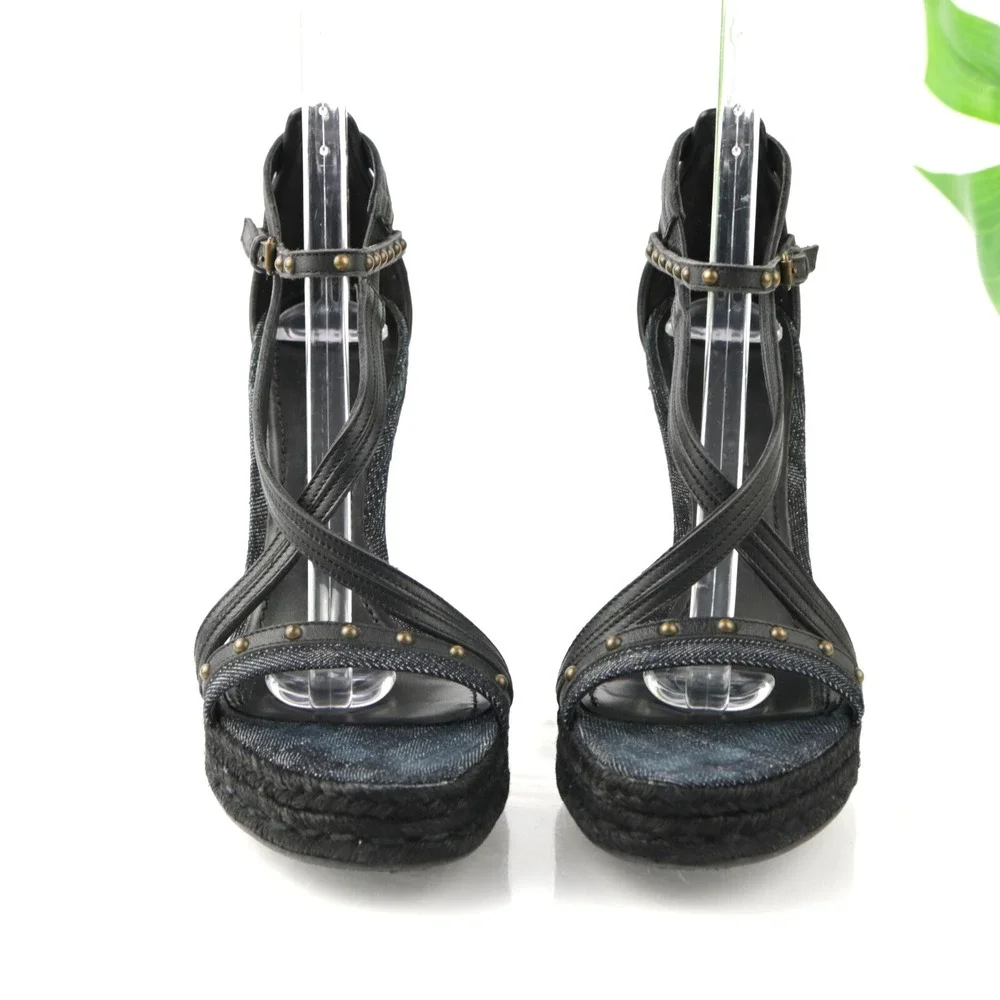 Burberry Womens Sandals Size 40 10 Black Leather Espadrille Wedge Studded Shoes